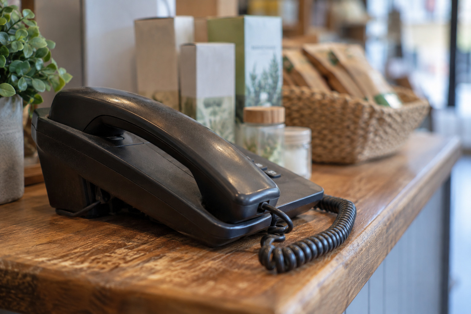 A work phone placed next to product samples on a store counter