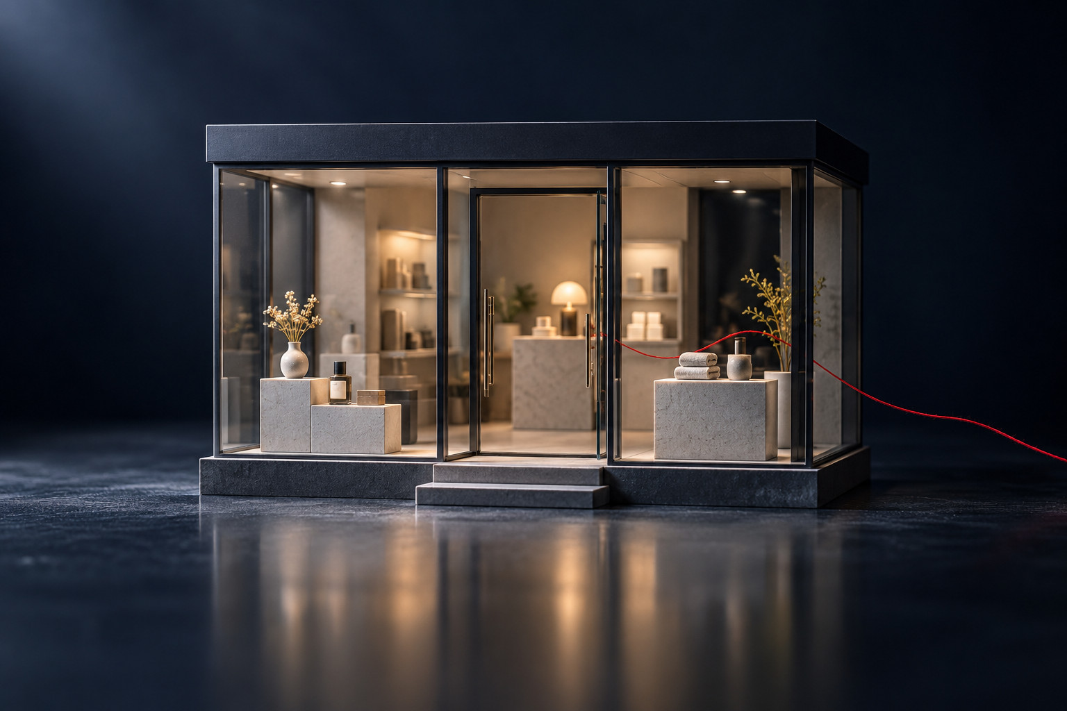 Behind the transparent storefront facade lies a thin, foreign thread