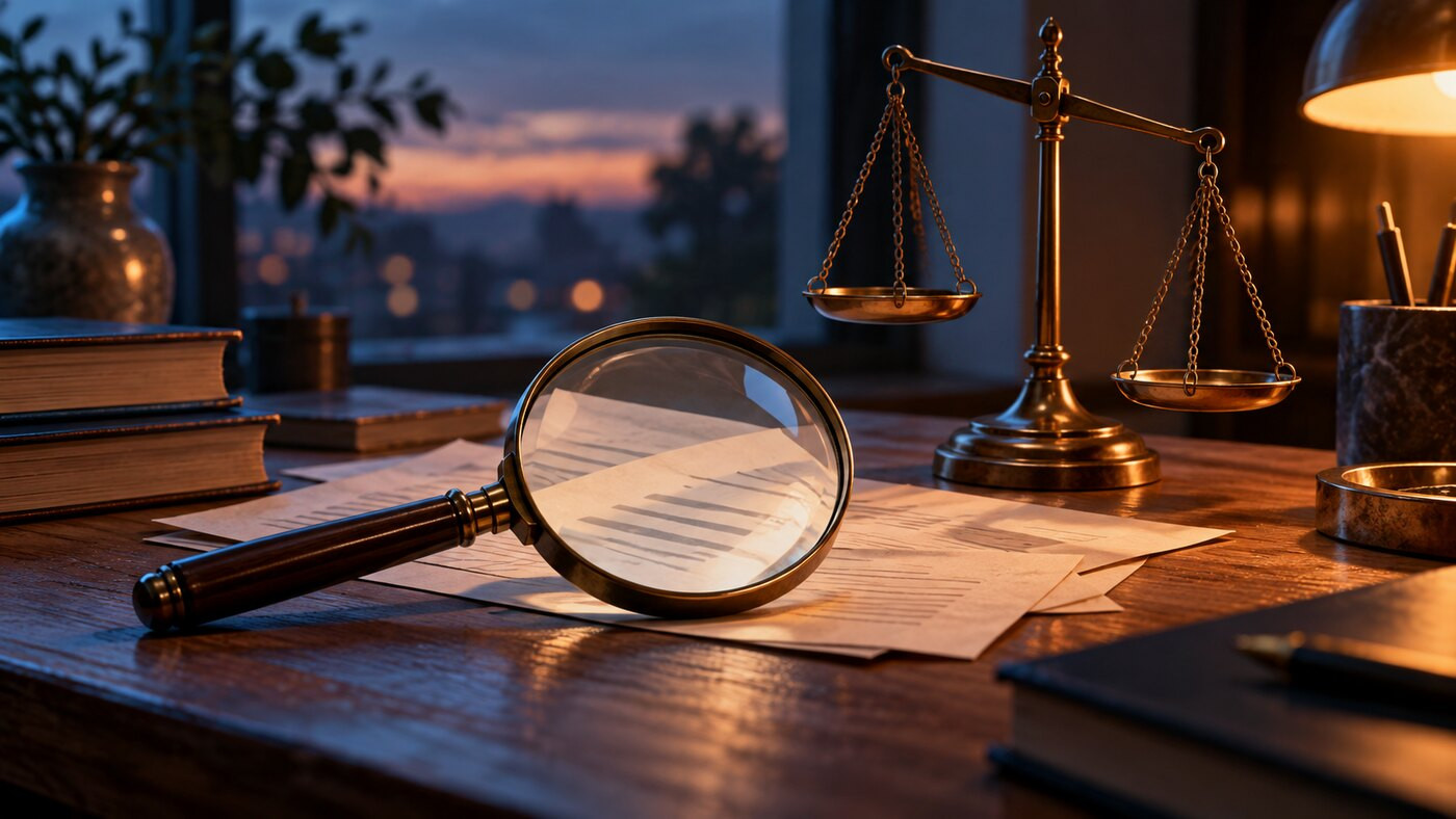 A magnifying glass and scales on the desk as a metaphor for checking an averaged metric.