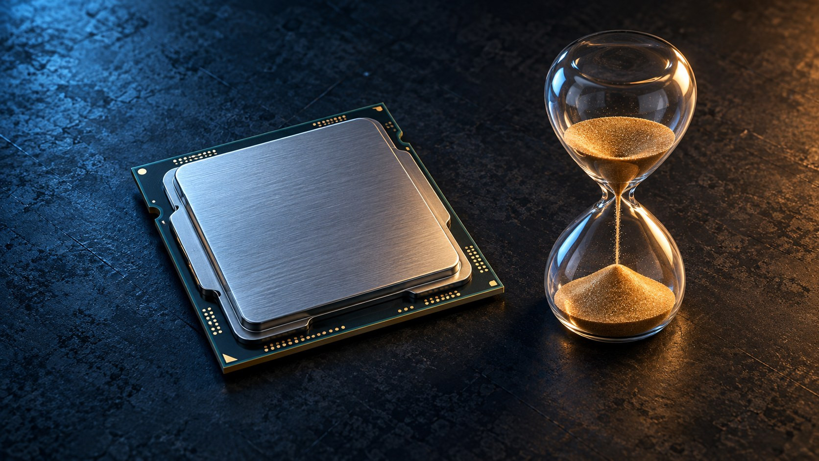 A processor next to hourglasses on a graphite background: illustration of compute time wait.