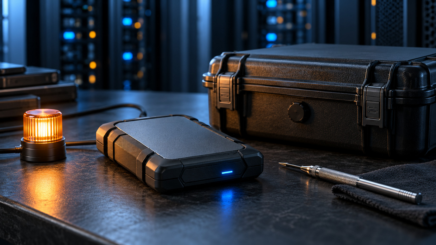 Backup storage and archive case on a desktop next to an amber warning lamp
