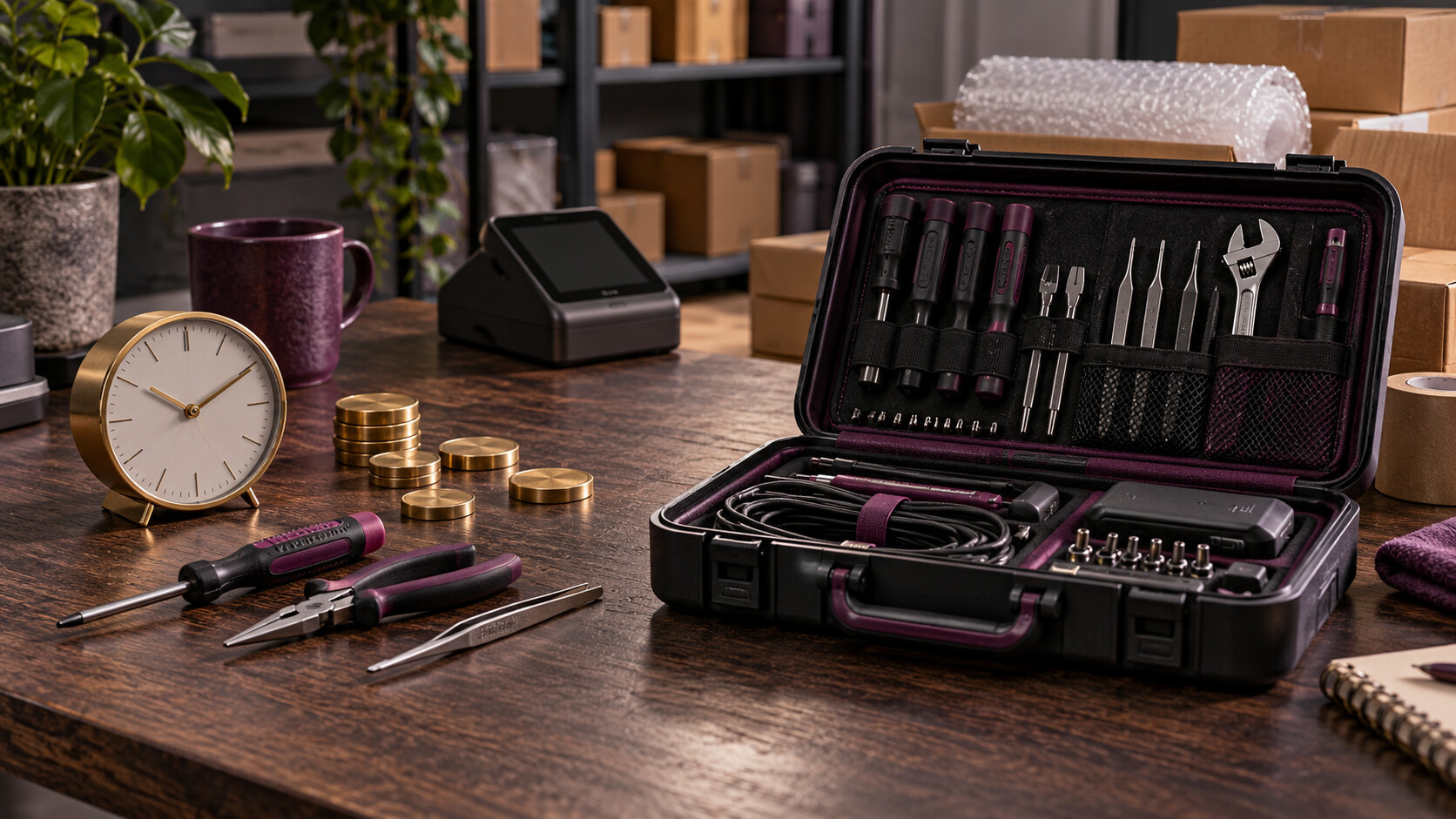 On the desktop, a clock and individual tools sit next to the full set of technical support.