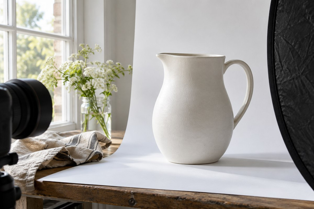A ceramic jug on a background for product photography by a window. Generated illustration.