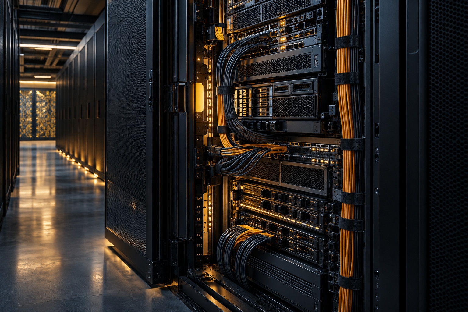 Server racks with an open service bay, illustrating infrastructure maintenance.