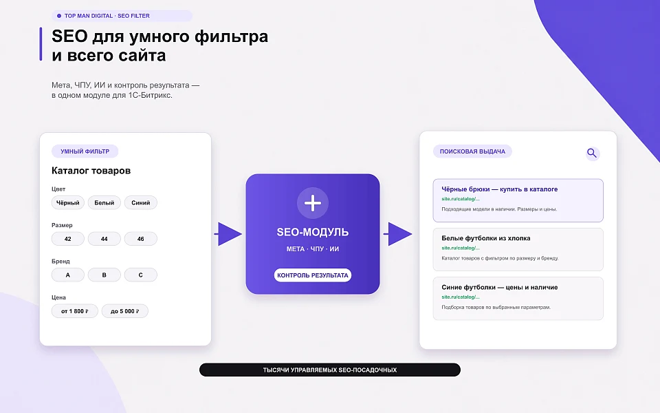 Top Man Digital: SEO умного фильтра, мета, ЧПУ и ИИ для страниц сайта — 1
