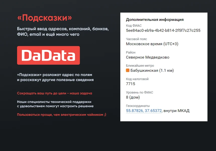 Подсказки по ФИО, адресам и реквизитам компаний на странице заказа Dadata.ru — 2
