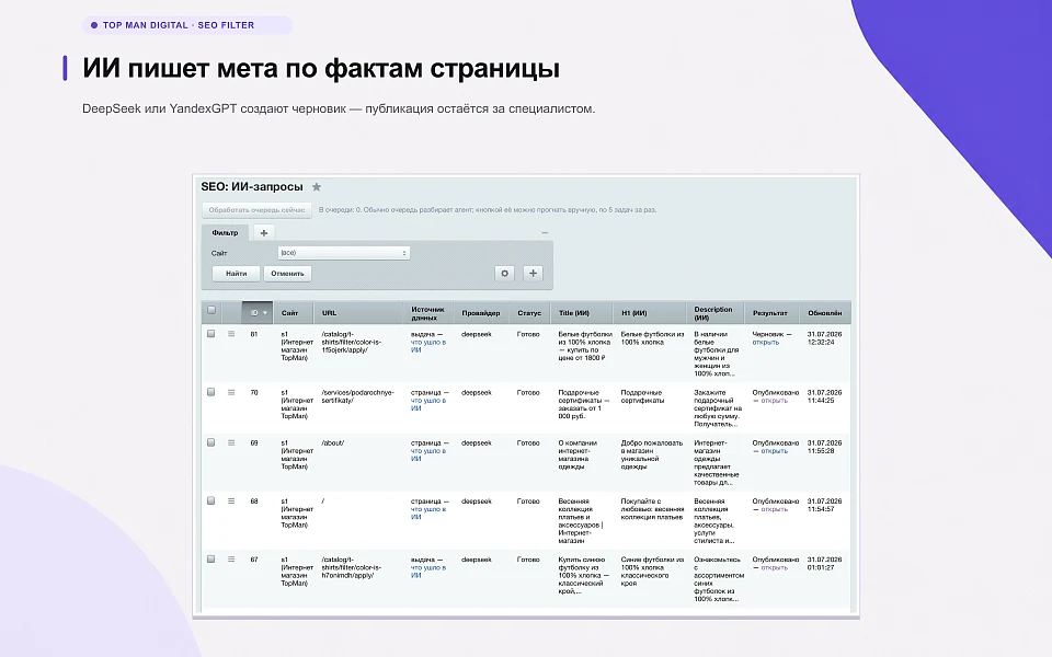 Top Man Digital: SEO умного фильтра, мета, ЧПУ и ИИ для страниц сайта — 14