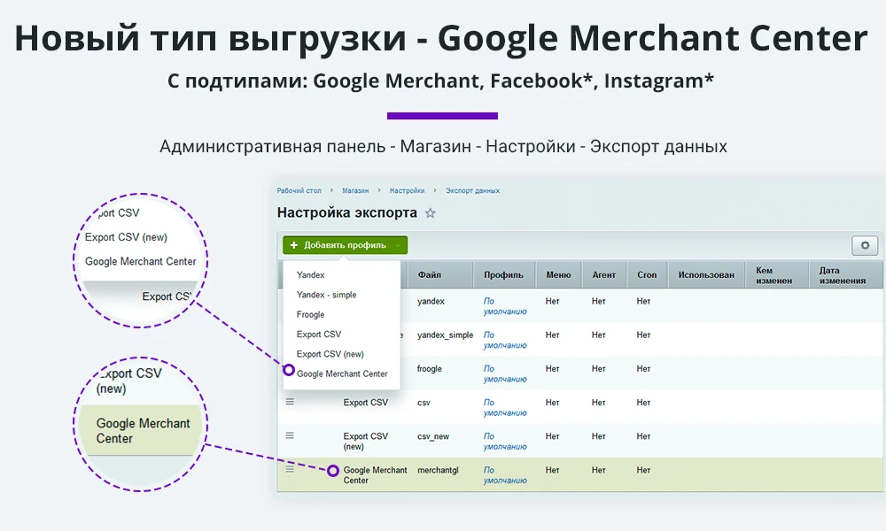 Export products to Google Merchant, Facebook*, Instagram* (catalog export, auto-updating feed) — 2