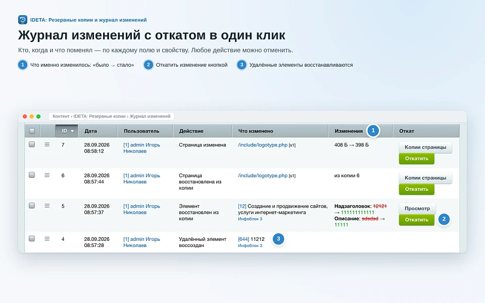 IDETA: Резервные копии и журнал изменений — 3