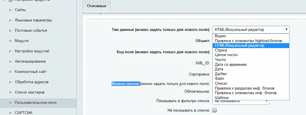 Пользовательское свойство тип HTML/Визуальный редактор — 1