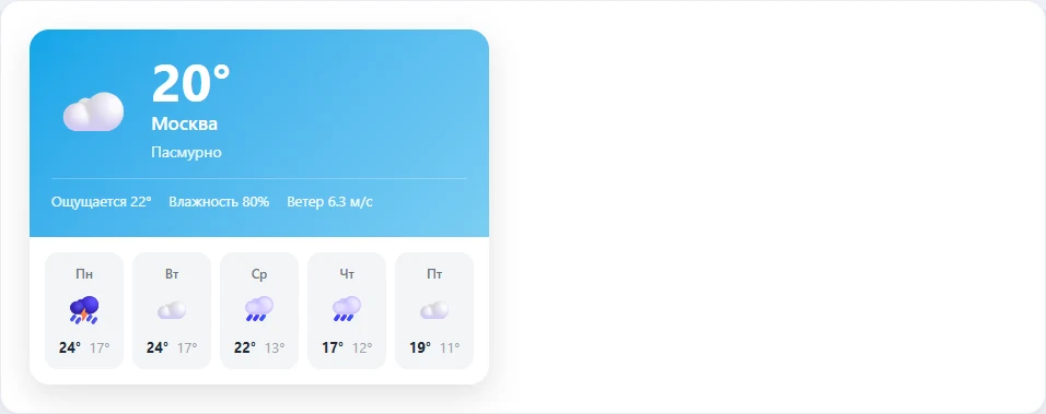 Красивый виджет погоды с прогнозом (open-meteo, без API-ключа) — 2