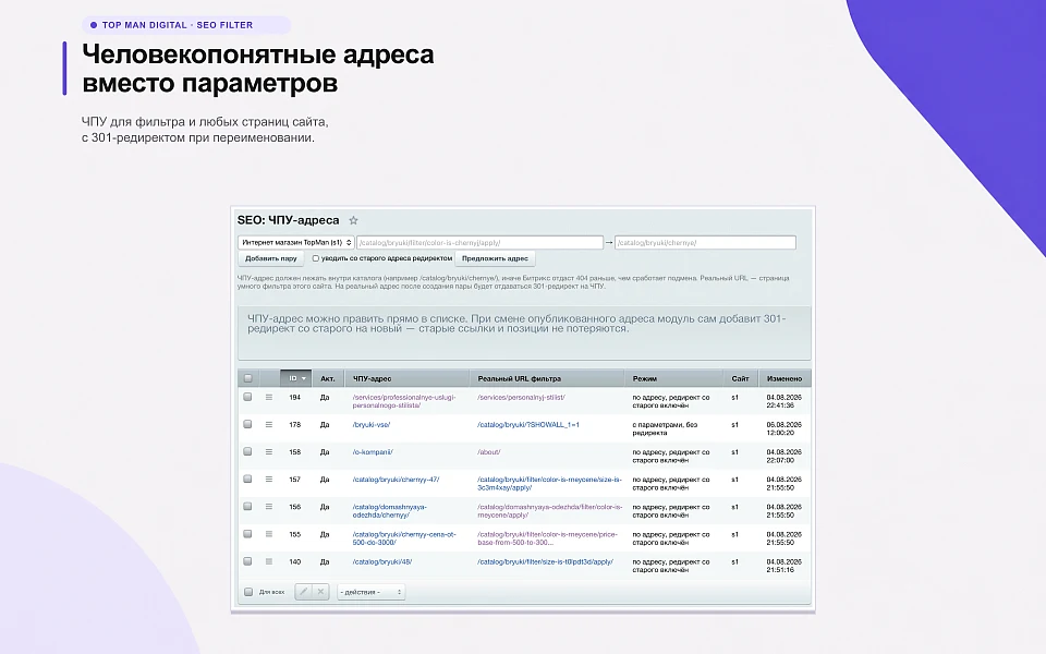 Top Man Digital: SEO умного фильтра, мета, ЧПУ и ИИ для страниц сайта — 15