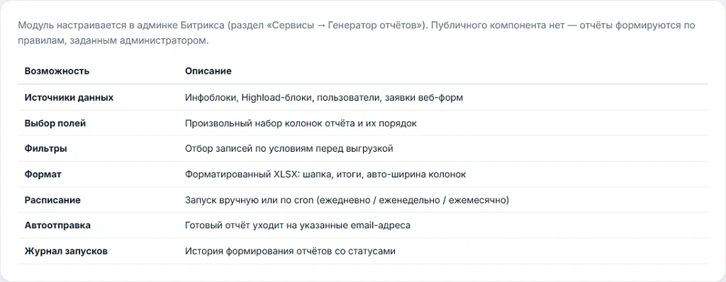 Генератор Excel-отчётов из инфоблоков, Highload-блоков и данных сайта по расписанию — 2
