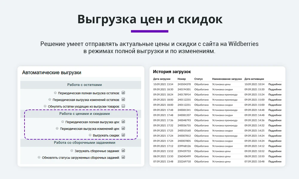 Integration with Wildberries via API. Product cards, stock levels, prices, orders, shipments — 4