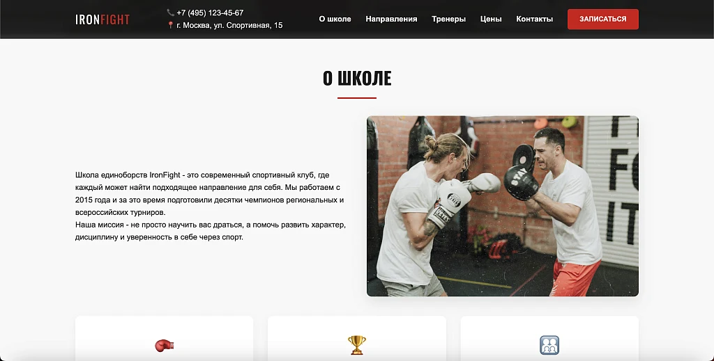 IronFight - ready-made landing page for a martial arts school — 2