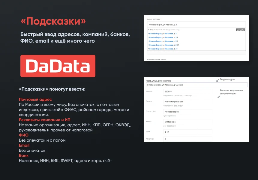 Подсказки по ФИО, адресам и реквизитам компаний на странице заказа Dadata.ru — 1
