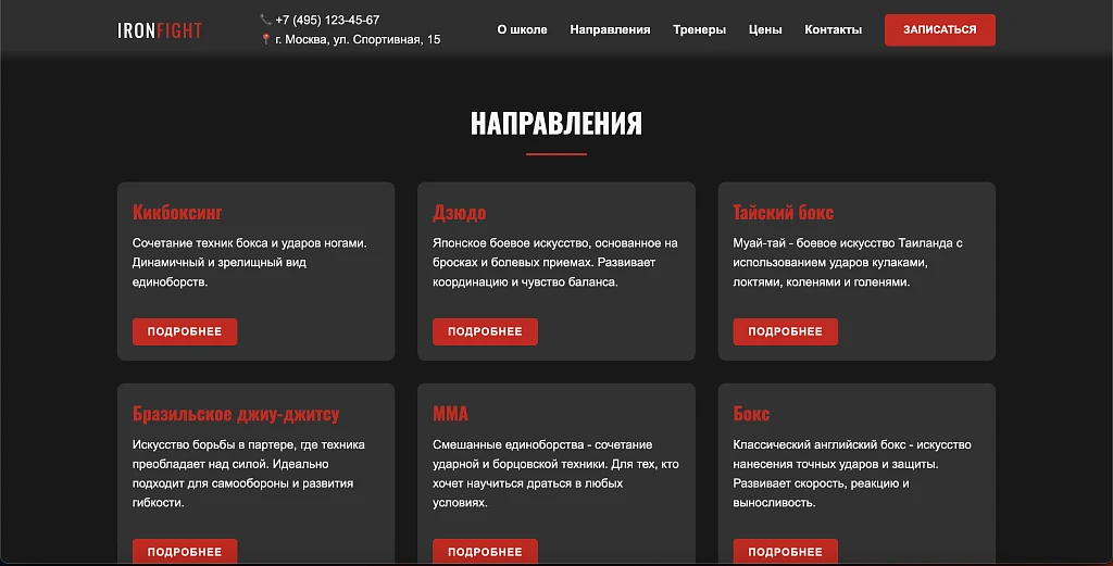 IronFight - ready-made landing page for a martial arts school — 3