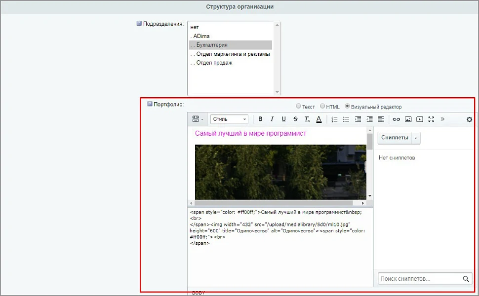 Тип пользовательского свойства - HTML/Визуальный редактор — 6